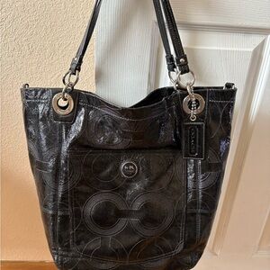 Coach Black Patent Signature Circle Tote